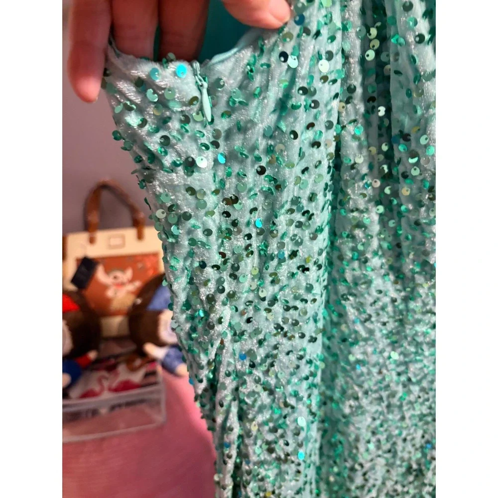 Turquoise Sequin Formal Gown Draped Sparkle Dress Sz XXL